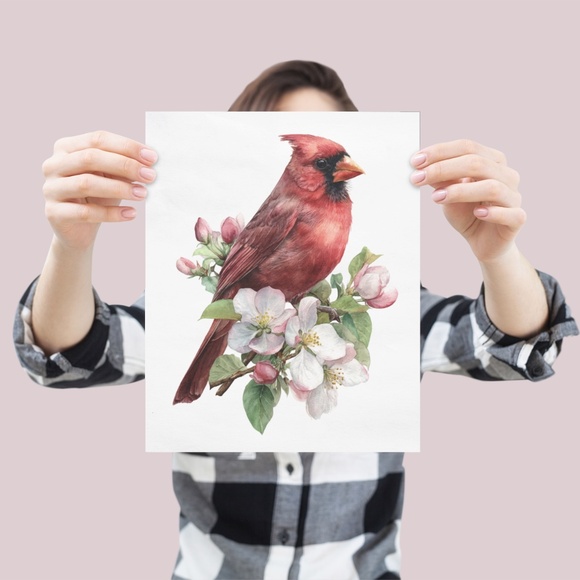 Watercolor Red Cardinal Bird with Flowers Wall Art Print Unframed - Picture 4 of 6